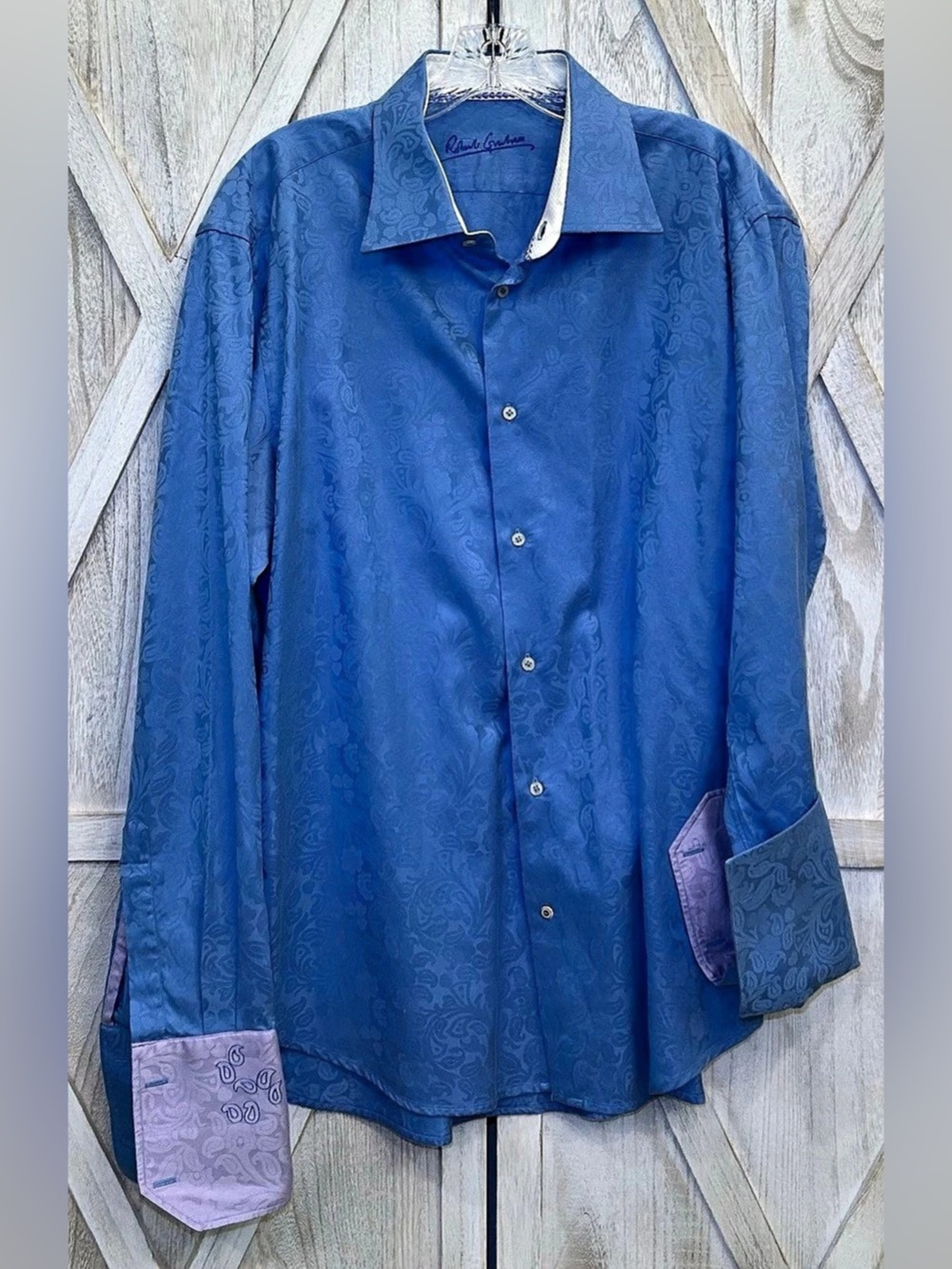 Robert Graham Men’s 17 Large Blue Tonal Jacquard Paisley Floral Long Sleeve Shir